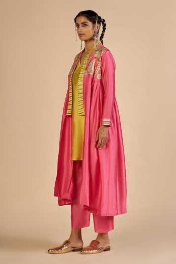 Gulabo By Abu Sandeep_Pink Chanderi Flared Embroidered Coat _Online_at_Aza_Fashions