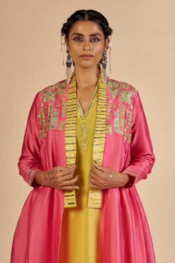 Shop_Gulabo By Abu Sandeep_Pink Chanderi Flared Embroidered Coat _Online_at_Aza_Fashions