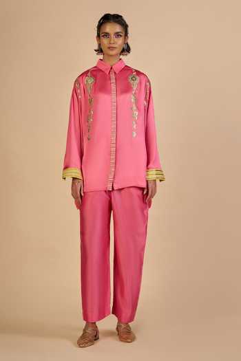 Gulabo By Abu Sandeep_Pink Chanderi Collared Neck Embroidered Shirt _Online_at_Aza_Fashions