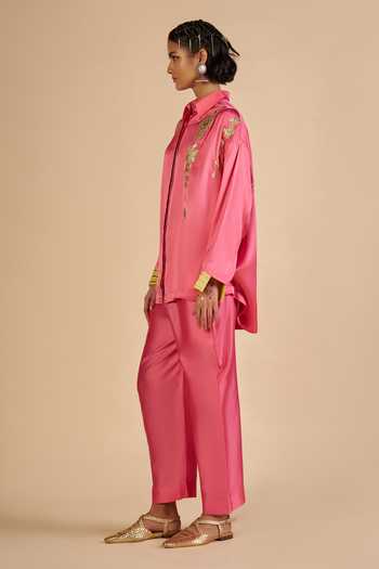 Buy_Gulabo By Abu Sandeep_Pink Chanderi Collared Neck Embroidered Shirt _Online_at_Aza_Fashions
