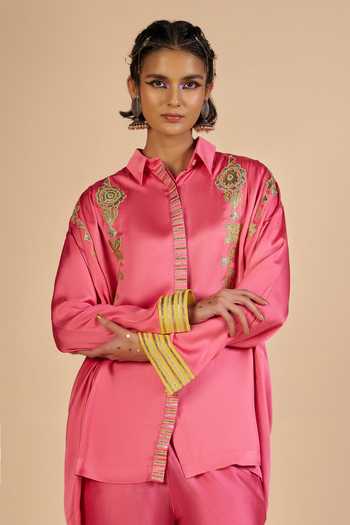 Shop_Gulabo By Abu Sandeep_Pink Chanderi Collared Neck Embroidered Shirt _Online_at_Aza_Fashions