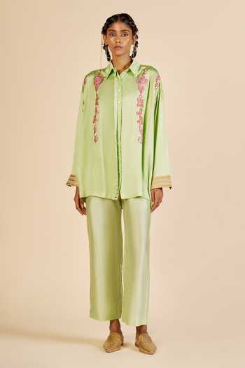 Gulabo By Abu Sandeep_Green Chanderi Collared Neck Embroidered Shirt _Online_at_Aza_Fashions