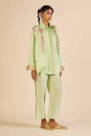 Buy_Gulabo By Abu Sandeep_Green Chanderi Collared Neck Embroidered Shirt _Online_at_Aza_Fashions