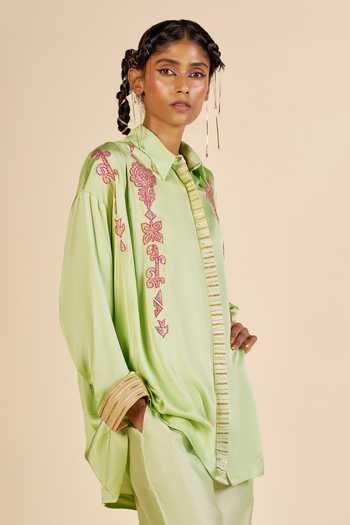 Shop_Gulabo By Abu Sandeep_Green Chanderi Collared Neck Embroidered Shirt _Online_at_Aza_Fashions