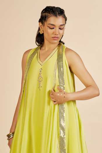 Gulabo By Abu Sandeep_Green Chanderi Open Neck Asymmetric Sequin Jacket _Online_at_Aza_Fashions