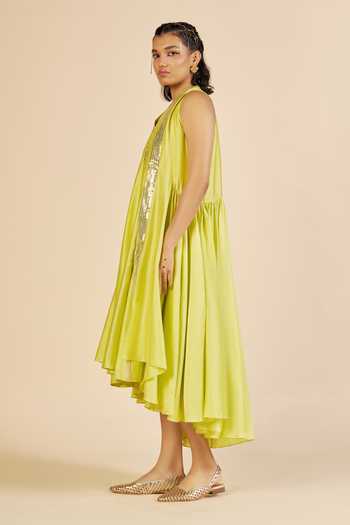 Buy_Gulabo By Abu Sandeep_Green Chanderi Open Neck Asymmetric Sequin Jacket _Online_at_Aza_Fashions