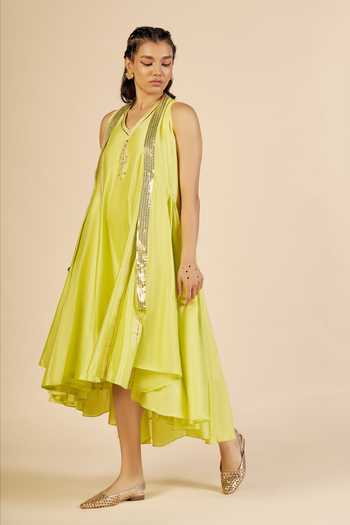 Shop_Gulabo By Abu Sandeep_Green Chanderi Open Neck Asymmetric Sequin Jacket _Online_at_Aza_Fashions