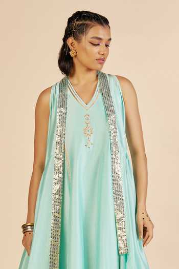 Buy_Gulabo By Abu Sandeep_Blue Chanderi Open Neck Sequin Asymmetric Jacket _Online_at_Aza_Fashions
