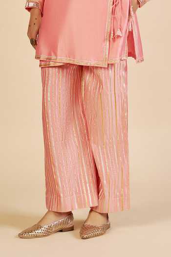 Shop_Gulabo By Abu Sandeep_Pink Chanderi Striped Pattern Pant _Online_at_Aza_Fashions