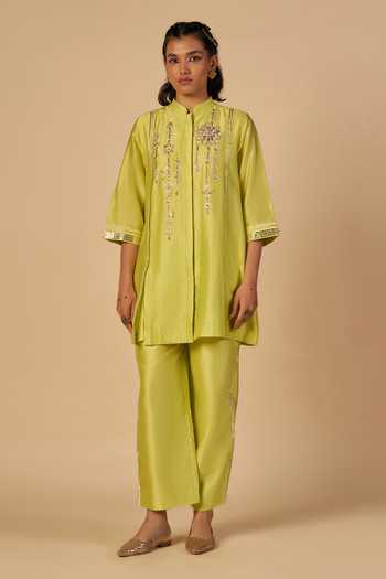 Gulabo By Abu Sandeep_Lime Chanderi Striped Pant _Online_at_Aza_Fashions