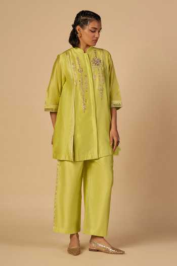 Shop_Gulabo By Abu Sandeep_Lime Chanderi Striped Pant _Online_at_Aza_Fashions