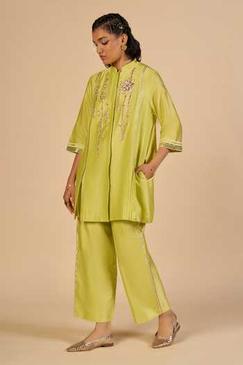 Gulabo By Abu Sandeep_Lime Chanderi Striped Pant _at_Aza_Fashions