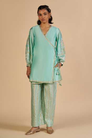 Shop_Gulabo By Abu Sandeep_Blue Chanderi Striped Pant _Online_at_Aza_Fashions