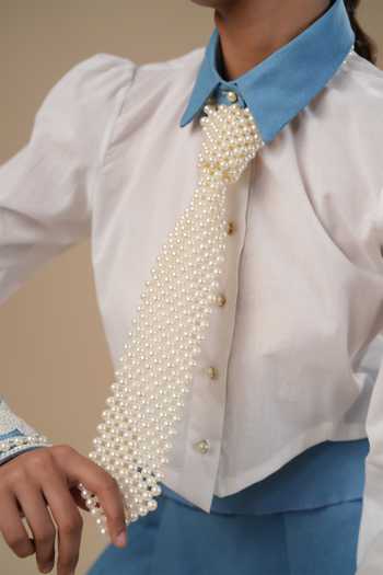 ASHNA VASWANI_Blue Cotton, Denim Collared Neck Shirt And Pleated Skirt Set _Online_at_Aza_Fashions