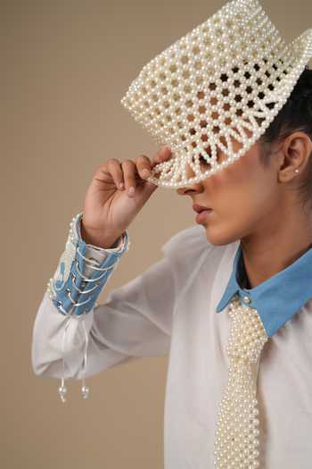 Buy_ASHNA VASWANI_Blue Cotton, Denim Collared Neck Shirt And Pleated Skirt Set _Online_at_Aza_Fashions