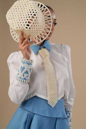 ASHNA VASWANI Cotton Shirt & Pleated Denim Skirt Set 