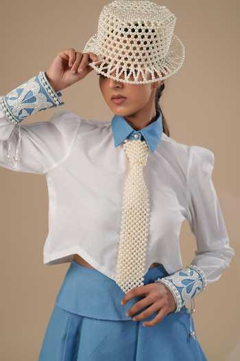 Shop_ASHNA VASWANI_Blue Cotton, Denim Collared Neck Shirt And Pleated Skirt Set _Online_at_Aza_Fashions