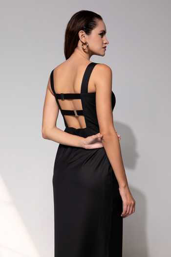 Shop Raison D'Etre Atelier Black Rayon Sweetheart Neck Midnight Noir Dress at Aza Fashions Shop_Raison D'Etre Atelier_Black Rayon Sweetheart Neck Midnight Noir Dress _at_Aza_Fashions