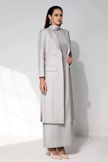 Raison D'Etre Atelier Grey Rayon High Neck The Octavia Ensemble Dress With Blazer Online at Aza Fashions Raison D'Etre Atelier_Grey Rayon High Neck The Octavia Ensemble Dress With Blazer _Online_at_Aza_Fashions