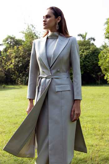 Buy Raison D'Etre Atelier Grey Rayon High Neck The Octavia Ensemble Dress With Blazer Online at Aza Fashions Buy_Raison D'Etre Atelier_Grey Rayon High Neck The Octavia Ensemble Dress With Blazer _Online_at_Aza_Fashions