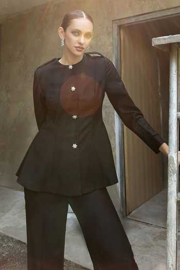 Raison D'Etre Atelier Black Rayon Round Neck Arabella Structured Top With Pant at Aza Fashions Raison D'Etre Atelier_Black Rayon Round Neck Arabella Structured Top With Pant _at_Aza_Fashions