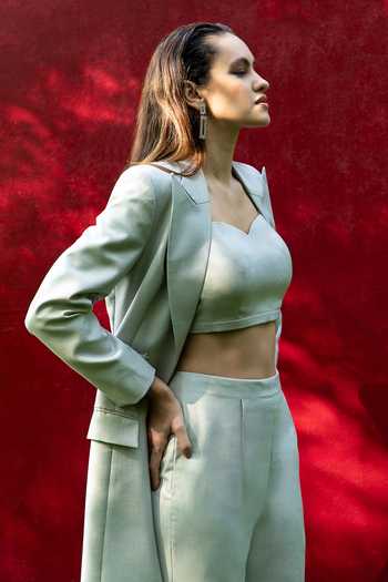 Shop Raison D'Etre Atelier Grey Rayon Bandeau Neck The Josephine Ensemble Blazer Trouser Set Online at Aza Fashions Shop_Raison D'Etre Atelier_Grey Rayon Bandeau Neck The Josephine Ensemble Blazer Trouser Set _Online_at_Aza_Fashions