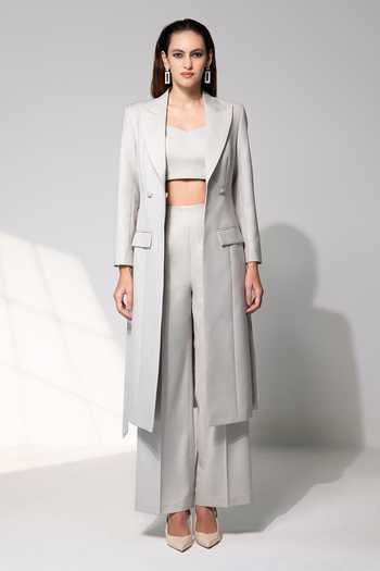 Raison D'Etre Atelier Grey Rayon Bandeau Neck The Josephine Ensemble Blazer Trouser Set at Aza Fashions Raison D'Etre Atelier_Grey Rayon Bandeau Neck The Josephine Ensemble Blazer Trouser Set _at_Aza_Fashions