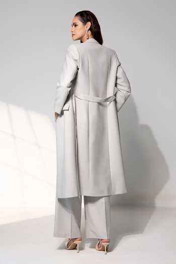 Shop Raison D'Etre Atelier Grey Rayon Bandeau Neck The Josephine Ensemble Blazer Trouser Set at Aza Fashions Shop_Raison D'Etre Atelier_Grey Rayon Bandeau Neck The Josephine Ensemble Blazer Trouser Set _at_Aza_Fashions