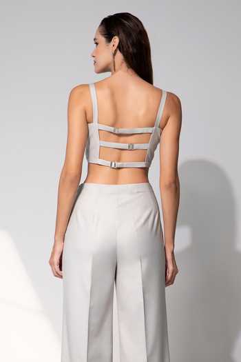 Buy Raison D'Etre Atelier Grey Rayon Bandeau Neck The Josephine Ensemble Blazer Trouser Set Buy_Raison D'Etre Atelier_Grey Rayon Bandeau Neck The Josephine Ensemble Blazer Trouser Set