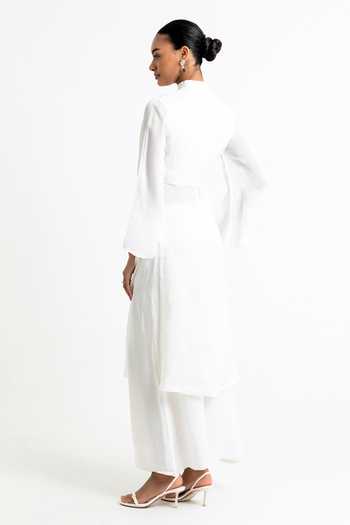Shop Raison D'Etre Atelier White Organza, Modal V-, Choker Luna Cut-out Tunic With Trouser at Aza Fashions Shop_Raison D'Etre Atelier_White Organza, Modal V-, Choker Luna Cut-out Tunic With Trouser _at_Aza_Fashions
