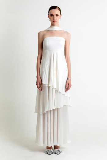Raison D'Etre Atelier White Satin Bandeau Neck Aurora Asymmetric Hem Dress With Scarf Online at Aza Fashions Raison D'Etre Atelier_White Satin Bandeau Neck Aurora Asymmetric Hem Dress With Scarf _Online_at_Aza_Fashions