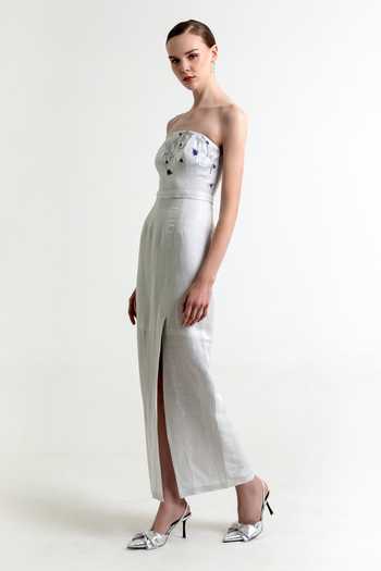 Shop Raison D'Etre Atelier Silver Linen, Satin Embroidery Bandeau Neck Morning Mist Floral Gown Online at Aza Fashions Shop_Raison D'Etre Atelier_Silver Linen, Satin Embroidery Bandeau Neck Morning Mist Floral Gown _Online_at_Aza_Fashions