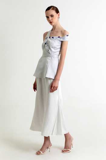 Shop Raison D'Etre Atelier Silver Linen, Satin, Modal Shawl Neck, One Helena Embroidered Top With Skirt Online at Aza Fashions Shop_Raison D'Etre Atelier_Silver Linen, Satin, Modal Shawl Neck, One Helena Embroidered Top With Skirt _Online_at_Aza_Fashions