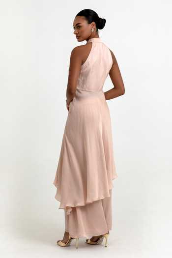 Shop Raison D'Etre Atelier Peach Organza Halter Neck Haven Asymmetric Tunic And Pant Set at Aza Fashions Shop_Raison D'Etre Atelier_Peach Organza Halter Neck Haven Asymmetric Tunic And Pant Set _at_Aza_Fashions