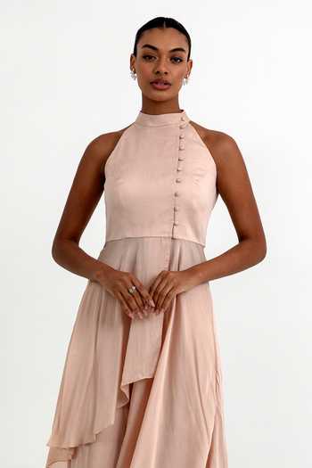 Raison D'Etre Atelier Peach Organza Halter Neck Haven Asymmetric Tunic And Pant Set Online at Aza Fashions Raison D'Etre Atelier_Peach Organza Halter Neck Haven Asymmetric Tunic And Pant Set _Online_at_Aza_Fashions