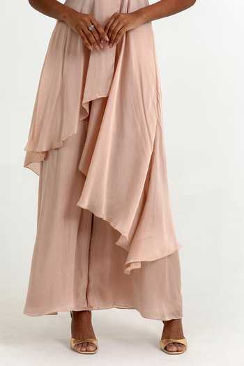 Raison D'Etre Atelier Peach Organza Halter Neck Haven Asymmetric Tunic And Pant Set at Aza Fashions Raison D'Etre Atelier_Peach Organza Halter Neck Haven Asymmetric Tunic And Pant Set _at_Aza_Fashions