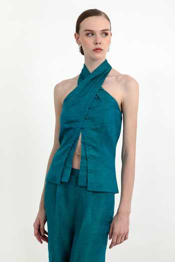 Raison D'Etre Atelier Green Linen, Satin, Modal Halter Neck Skye Criss Cross Top And Pant Online at Aza Fashions Raison D'Etre Atelier_Green Linen, Satin, Modal Halter Neck Skye Criss Cross Top And Pant _Online_at_Aza_Fashions