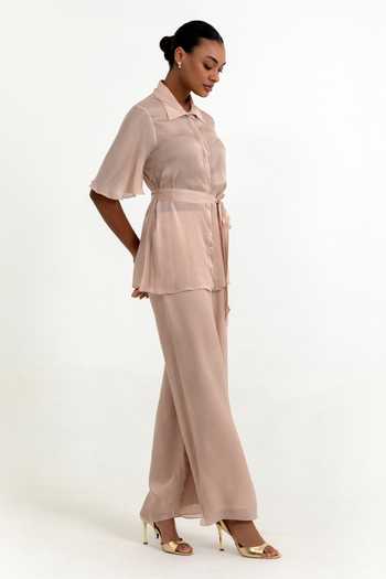 Shop Raison D'Etre Atelier Peach Satin Collared Neck Placed Embellished Shirt With Trouser Online at Aza Fashions Shop_Raison D'Etre Atelier_Peach Satin Collared Neck Placed Embellished Shirt With Trouser _Online_at_Aza_Fashions