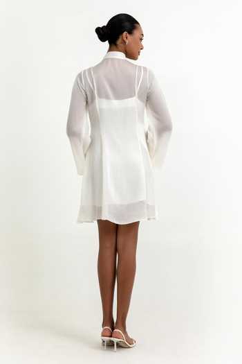 Shop Raison D'Etre Atelier White Satin Keyhole Neck Aubrielle Sheer Dress at Aza Fashions Shop_Raison D'Etre Atelier_White Satin Keyhole Neck Aubrielle Sheer Dress _at_Aza_Fashions