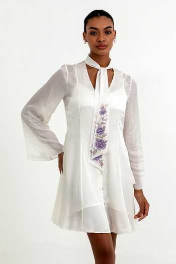 Shop Raison D'Etre Atelier White Satin Keyhole Neck Aubrielle Sheer Dress Online at Aza Fashions Shop_Raison D'Etre Atelier_White Satin Keyhole Neck Aubrielle Sheer Dress _Online_at_Aza_Fashions