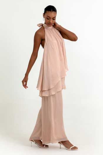 Raison D'Etre Atelier Peach Organza Halter Neck Claire Top With Pant Online at Aza Fashions Raison D'Etre Atelier_Peach Organza Halter Neck Claire Top With Pant _Online_at_Aza_Fashions