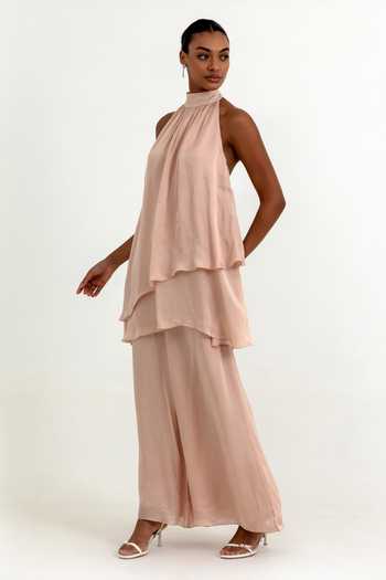 Buy Raison D'Etre Atelier Peach Organza Halter Neck Claire Top With Pant Online at Aza Fashions Buy_Raison D'Etre Atelier_Peach Organza Halter Neck Claire Top With Pant _Online_at_Aza_Fashions