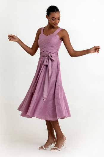 Raison D'Etre Atelier Lilac Satin, Linen, Modal Sweetheart Neck Ayla Gathered Flared Dress Online at Aza Fashions Raison D'Etre Atelier_Lilac Satin, Linen, Modal Sweetheart Neck Ayla Gathered Flared Dress _Online_at_Aza_Fashions