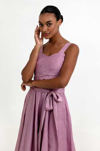 Buy Raison D'Etre Atelier Lilac Satin, Linen, Modal Sweetheart Neck Ayla Gathered Flared Dress Online at Aza Fashions Buy_Raison D'Etre Atelier_Lilac Satin, Linen, Modal Sweetheart Neck Ayla Gathered Flared Dress _Online_at_Aza_Fashions