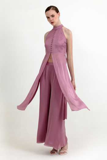 Raison D'Etre Atelier Lilac Organza High Neck Evelyn Buttoned Tunic And Pant Set Online at Aza Fashions Raison D'Etre Atelier_Lilac Organza High Neck Evelyn Buttoned Tunic And Pant Set _Online_at_Aza_Fashions