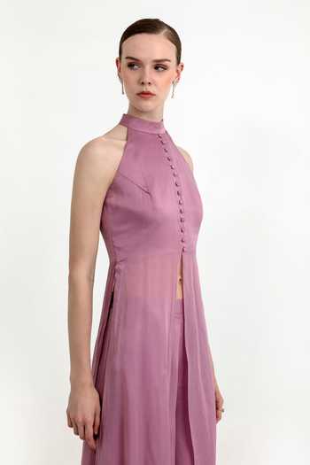 Buy Raison D'Etre Atelier Lilac Organza High Neck Evelyn Buttoned Tunic And Pant Set Online at Aza Fashions Buy_Raison D'Etre Atelier_Lilac Organza High Neck Evelyn Buttoned Tunic And Pant Set _Online_at_Aza_Fashions