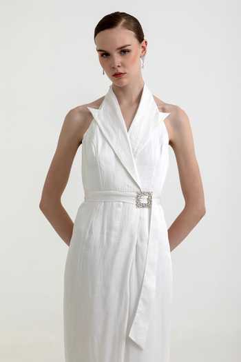 Buy Raison D'Etre Atelier White Organza Halter Neck Celine Placed Embellished Dress Online at Aza Fashions Buy_Raison D'Etre Atelier_White Organza Halter Neck Celine Placed Embellished Dress _Online_at_Aza_Fashions