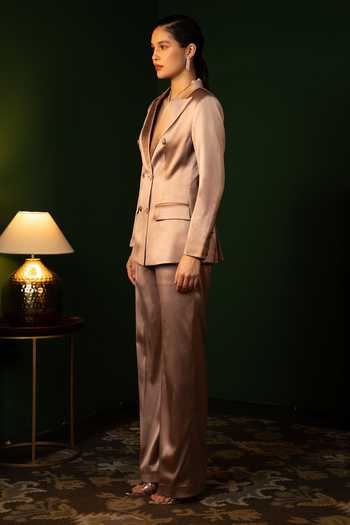 Raison D'Etre Atelier Pink Satin Notched Neck Double-breasted Jacket And Pant Set Online at Aza Fashions Raison D'Etre Atelier_Pink Satin Notched Neck Double-breasted Jacket And Pant Set _Online_at_Aza_Fashions