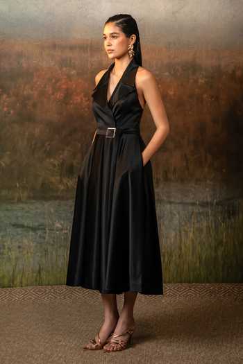 Shop Raison D'Etre Atelier Black Satin V-, Halter Valencia Pleated Dress Online at Aza Fashions Shop_Raison D'Etre Atelier_Black Satin V-, Halter Valencia Pleated Dress _Online_at_Aza_Fashions