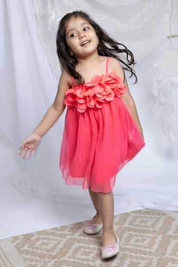 Label Kiaa_Coral Net 3d Flower Embroidered Dress _Online_at_Aza_Fashions